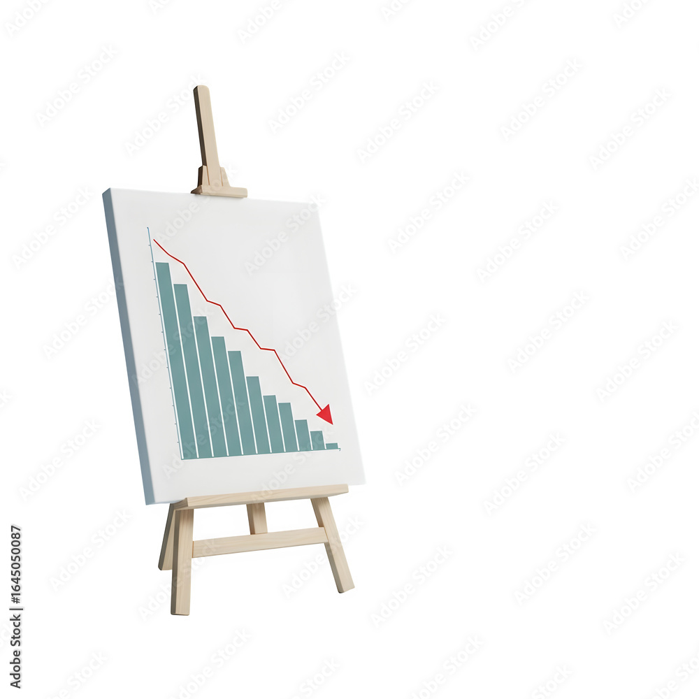 Poster a downward trending bar graph with a red marker indicating a decline displayed on a canvas on a wood