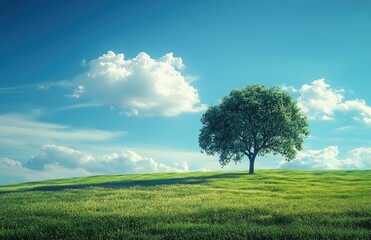 Obraz premium Solitary tree standing tall in sunlit meadow under vast blue sky, embodying serenity and harmony with nature's untouched beauty