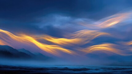 Fototapeta premium Golden streaks of light flow across a dark, misty mountain landscape at twilight