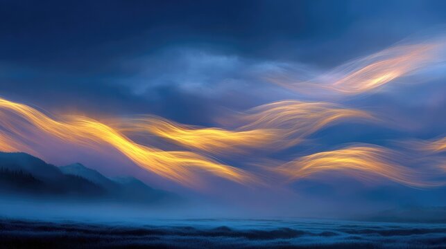 Golden streaks of light flow across a dark, misty mountain landscape at twilight