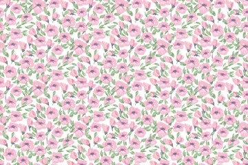 Seamless vector floral pattern with soft pink poppies and green leaves on a white background. Template for textiles, wallpapers, home decor, and digital design projects