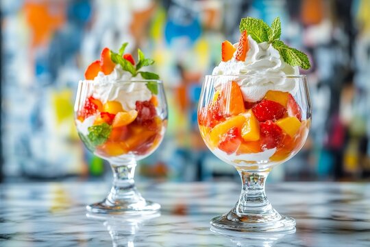 Layers of fresh fruit and whipped cream dessert in a glass bowl. - Powered by Adobe