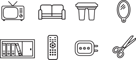 Minimalist Black Home Appliance Line Icons on White Background – Modern Household Devices Vector Set
