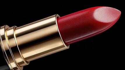 Close-up of a rich red lipstick, partially extended from its gold tube, against a black background