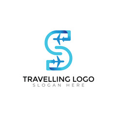 Obraz premium Modern Travel Agency Letter Logo with Airplane and Sunset Design