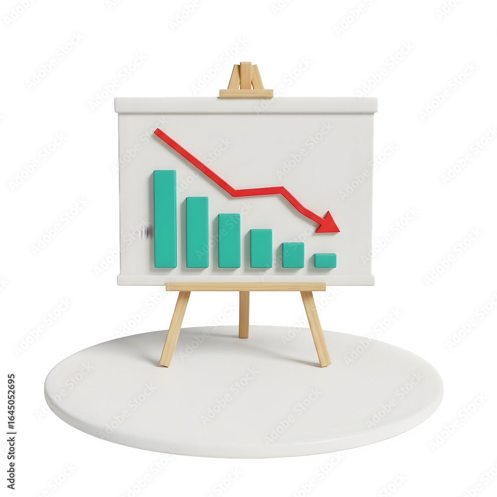 Poster 3d illustration of a business presentation easel with a declining bar chart and red arrow isolated o
