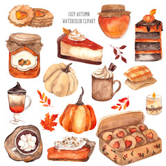 Watercolor autumn clipart with hand draw fall cafe, pumpkins, cake, pie, basket, warm clothes, coffee, tea, books, isolated on white background