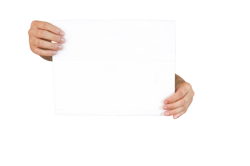 Two hands holding a blank white paper, isolated on a black background. Ideal for social media, advertising, promotion, or to add interesting text.
