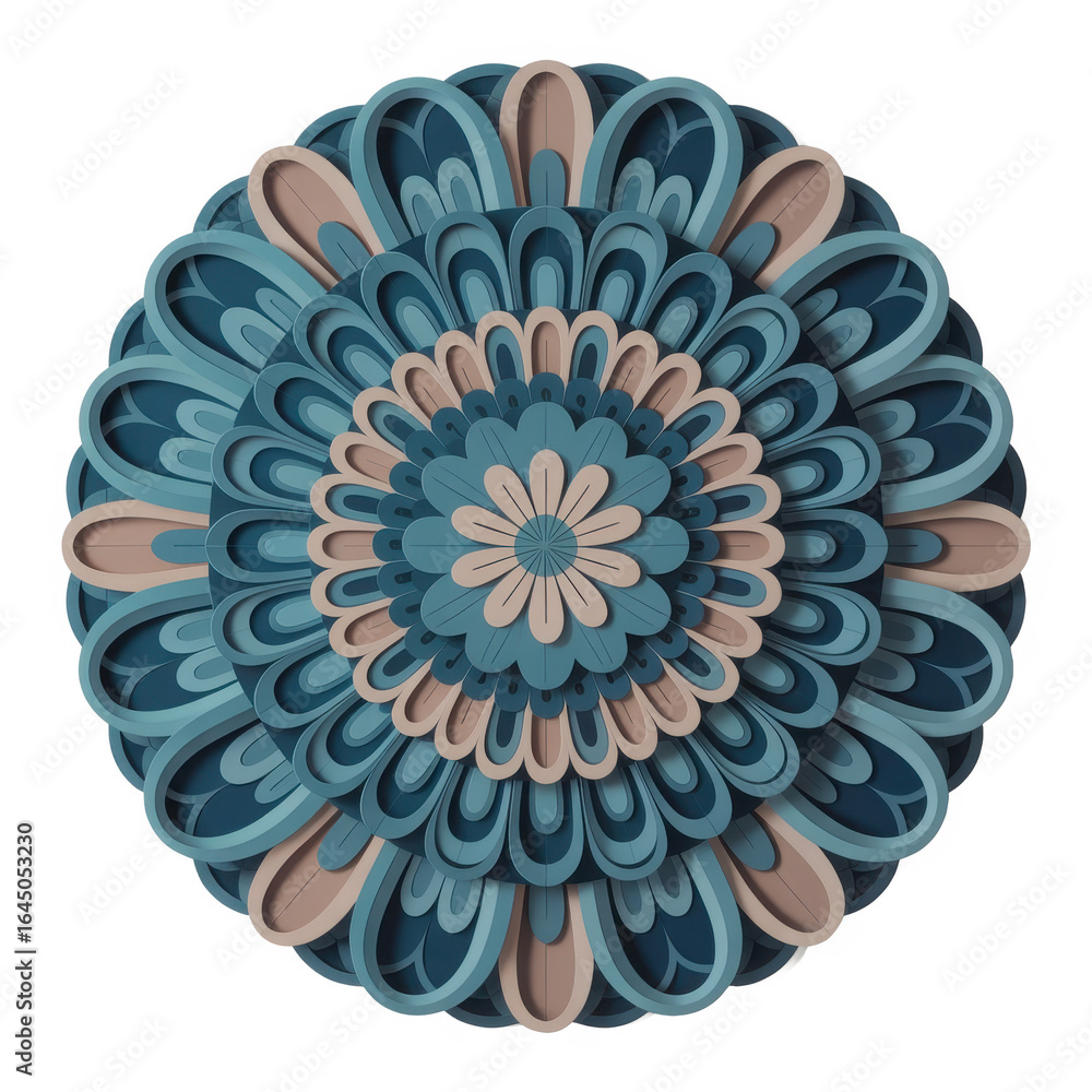 Poster intricate circular mandala design with blue and peach petal like elements isolated on transparent ba