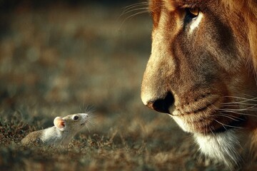 Fototapeta premium Lion and mouse facing each other on dry grassland