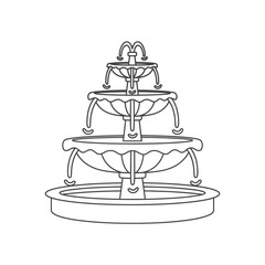 Detailed line art illustration of a classic multi-tiered outdoor water fountain with cascading water.