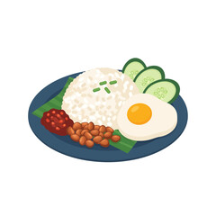 Nasi Lemak: A traditional Malaysian dish with coconut rice, egg, peanuts, and sambal.