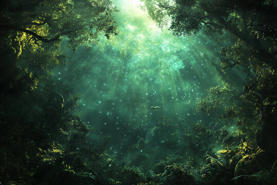 Fototapeta Mystical forest landscape with giant glowing moon planet rising above treetops under starlit sky, generative ai fantasy world