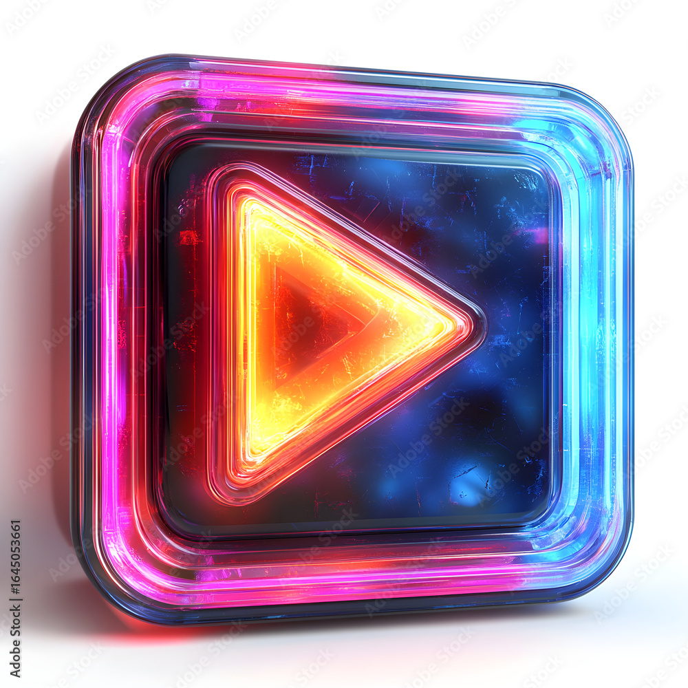 Poster glowing neon play button showing start or forward action