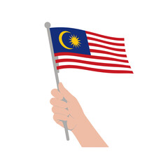 A hand holding a small Malaysian flag, waving it proudly against a white background.