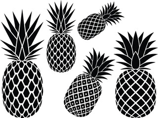 Obraz premium Black and white pineapple illustration set, perfect for tropical, summer-themed designs and decor