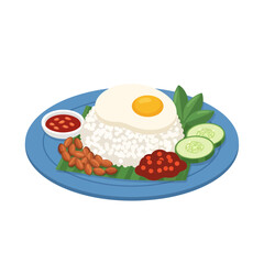 A traditional plate of Malaysian Nasi Lemak featuring coconut rice, a fried egg, sambal, anchovies, and sliced cucumber.