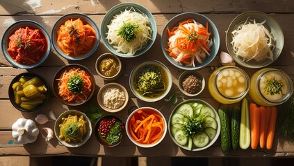 Rustic top view still life of assorted fermented foods — vibrant kimchi, sauerkraut, kombucha, miso paste, and pickled vegetables with fresh herbs and spices on a wooden table, bright natural light.