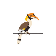 Obraz premium A stylized illustration of a Great Hornbill bird with a large orange casque perched on a thin line.