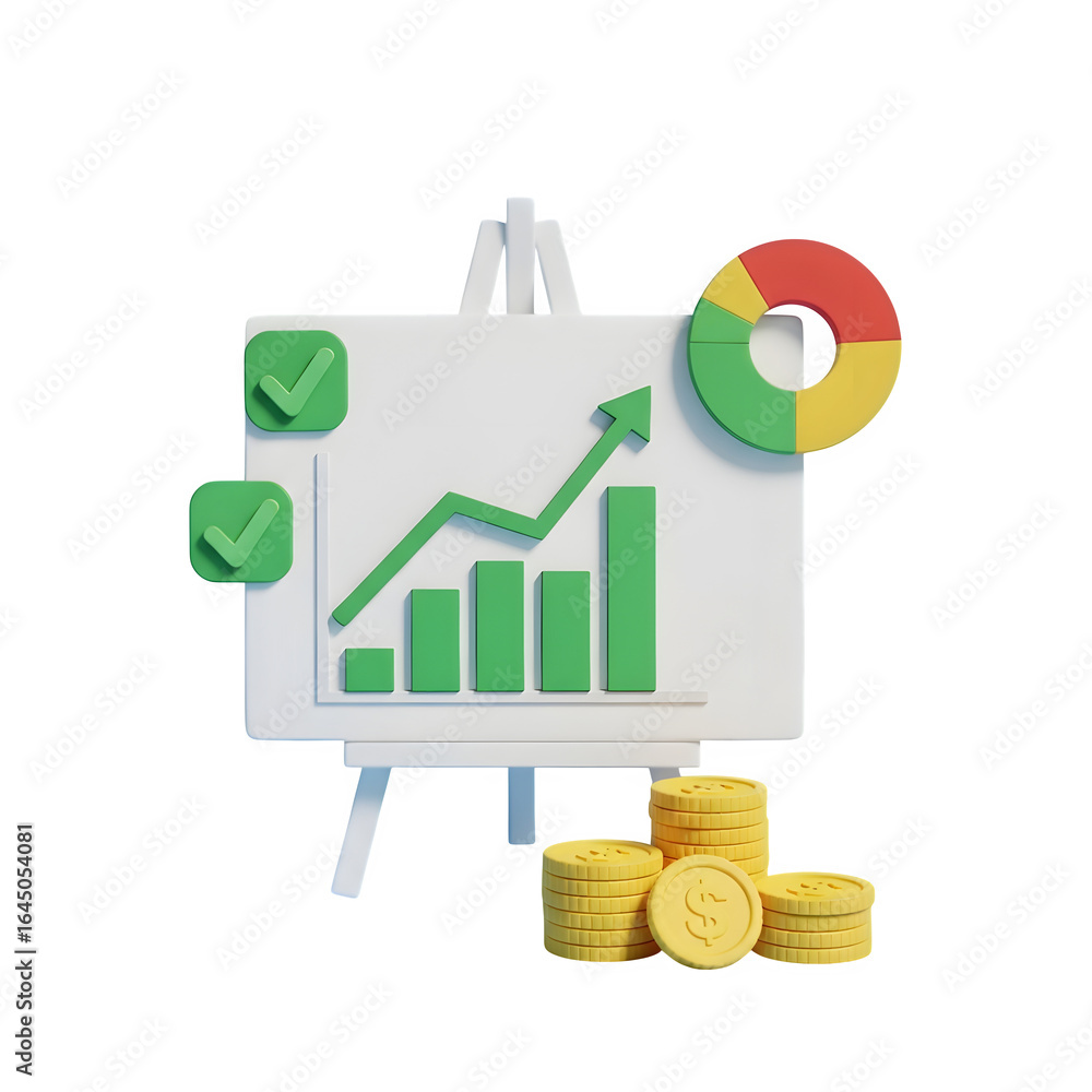 Poster 3d isometric business growth chart presentation with coins and pie chart isolated on transparent bac