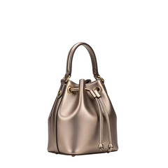 Mini bucket bag in metallic bronze leather, isolated with white background