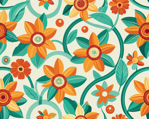 Vibrant stylized orange and blue repeating pattern design