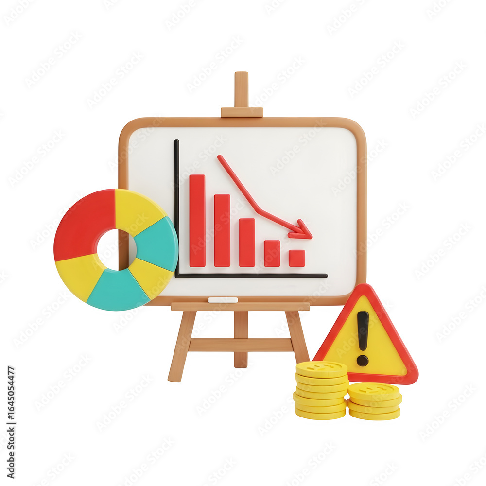 Poster 3d illustration of a whiteboard with a falling bar graph and pie chart representing business decline