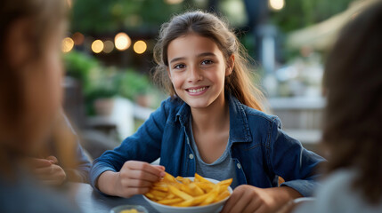 A girl enjoying fries with friends in a cheerful setting