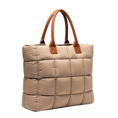 Oversized puffer quilt tote in matte beige with leather handles, isolated with white background