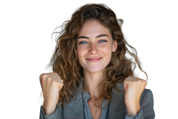 Happy young woman celebrating success with raised fists and confident smile in casual and business outfits PNG with a transparent background

