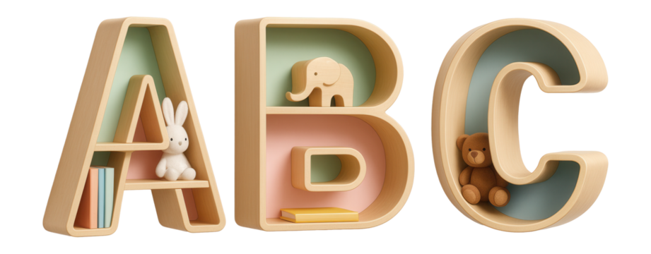 Alphabet-shaped shelves that help in learning letters while organizing books and toys in a playroom.