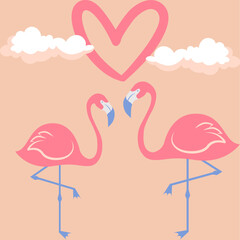 A cute cartoon illustration shows two pink flamingos standing gracefully together in a loving pose.
