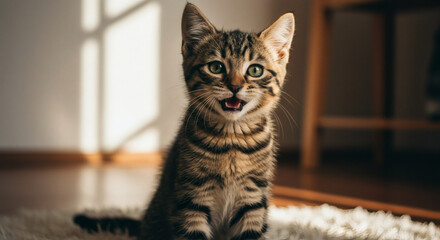 Playful kitten with wide-open mouth.