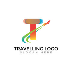 Modern Travel Agency Letter Logo with Airplane and Sunset Design
