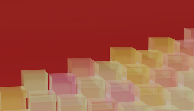 Abstract pastel geometric cubes with transparent effect on red background