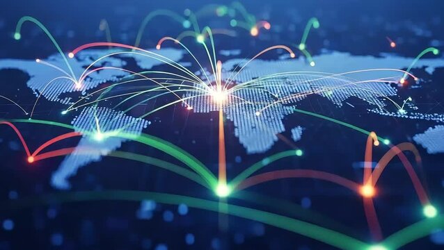 Futuristic fiber optics background with glowing lights and world map digital design