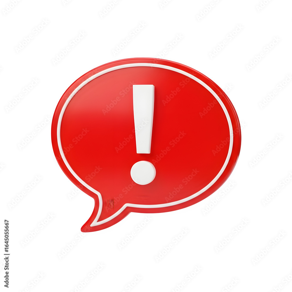 Poster bright red glossy speech bubble icon with a white exclamation mark inside isolated on transparent ba