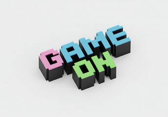 Pixelated 3D text displaying "GAME ON" in vibrant pink, light blue, and green, set against a clean white background.