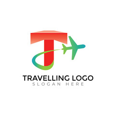 Modern Travel Agency Letter Logo with Airplane and Sunset Design