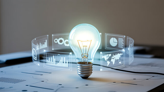 Glowing light bulb surrounded by holographic data panels. Represents innovation, ideas, data intelligence, futuristic technology, and creative business solutions
