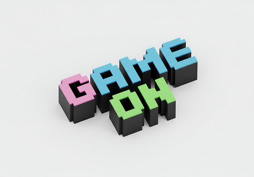 Pixelated 3D text displaying "GAME ON" in vibrant pink, light blue, and green, set against a clean white background.