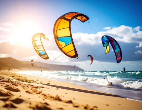 Colorful kitesurfing on a sunny beach