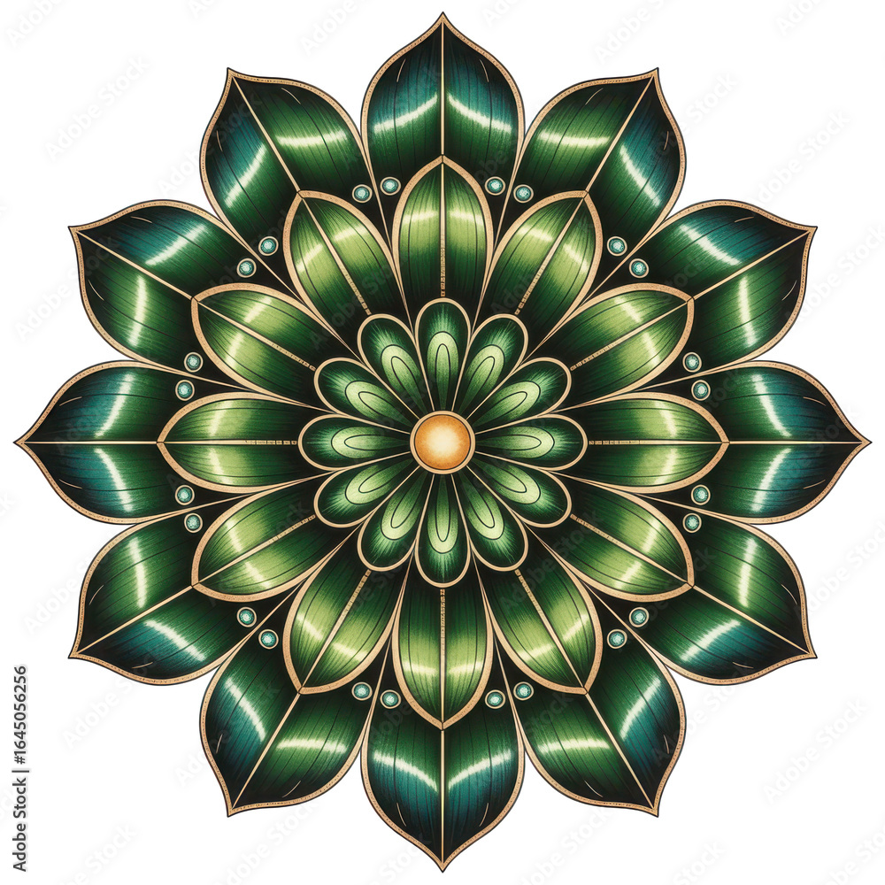Aufkleber intricate green and gold mandala design with symmetrical petal patterns isolated on transparent back