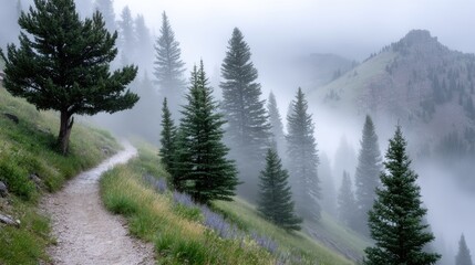 Misty Mountain Trail Through Coniferous Forest