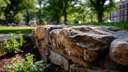 Rough-hewn stone wall, low-angle close-up, showcasing varied textures and colors of the rocks; blurred background depicts a sunny campus scene with green grass, leafy trees and brick buildings