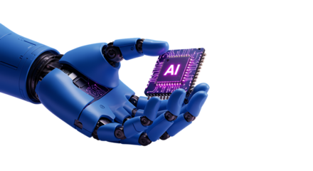 Futuristic robot hand with computer chip on isolated transparent background