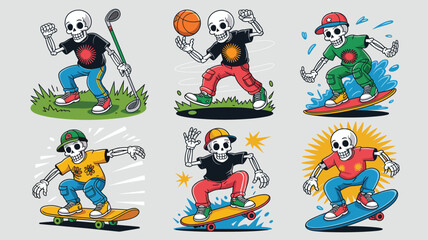 Sporty Skeleton Vector Art Featuring Skateboard Tricks, Scooter Rides, and Basketball Jumps 