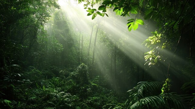 Lush rainforest bathed in sunlight - Powered by Adobe