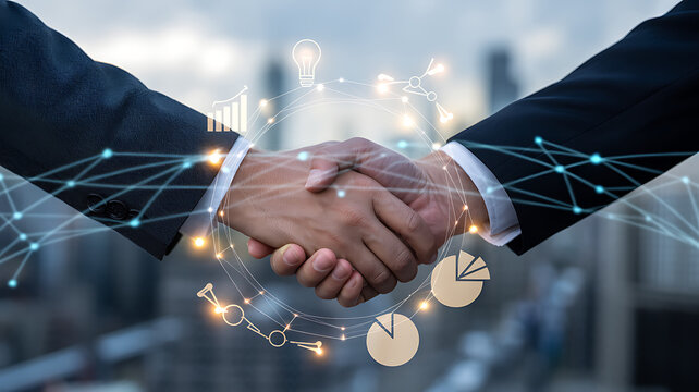Two businessmen shaking hands with a futuristic overlay of digital charts, graphs, and network symbols. The image conveys themes of partnership