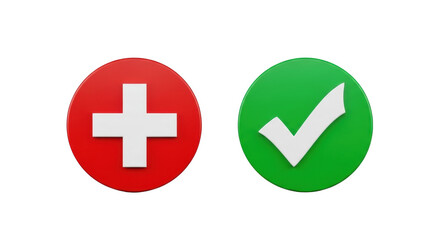 Obraz premium Stark white cross in vibrant red circle and white checkmark in vivid green circle side-by-side, isolated on transparent background with diffused studio lighting, concept of clear decision making